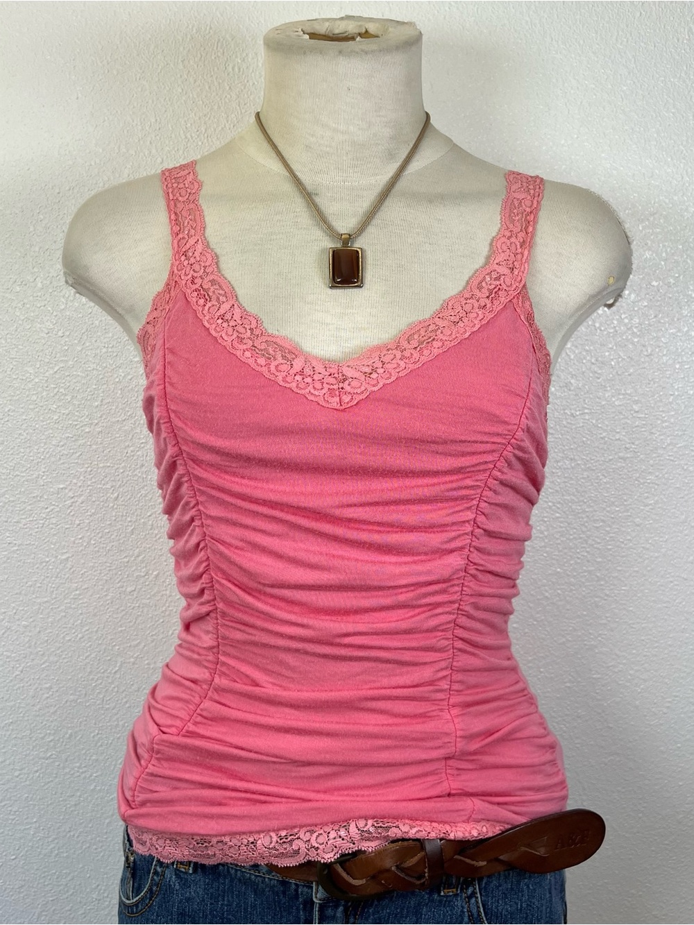 Y2K Coral Pink Lace-Trim Ruched Tank Top
